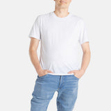 A white man with short brown hair wears a white t-shirt.