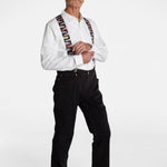 A white, elderly man with a mustache wears the No Limbits Adaptive Men's Black Unlimbited Pants, with a white shirt, colorful suspenders, and brown shoes.