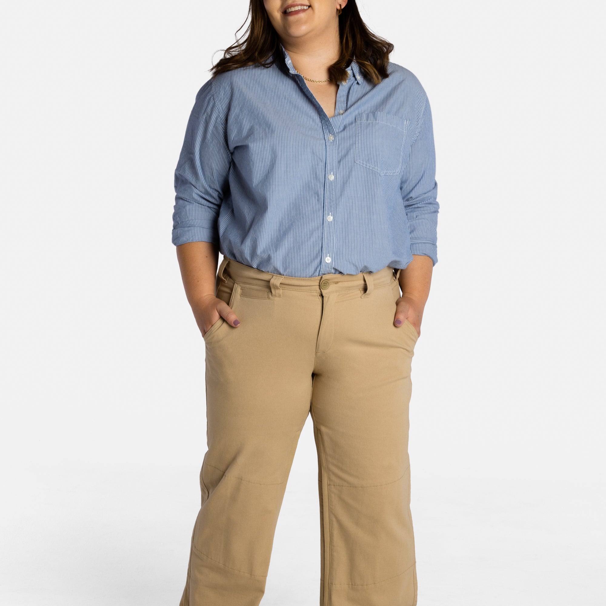 Erica Cole, the founder of No Limbits, wears the No Limbits Adaptive Women's Khaki Unlimbited Pants.