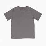 A charcoal grey small t-shirt with a white background. It is a basic t-shirt with a crew neck.