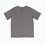 A charcoal grey small t-shirt with a white background. It is a basic t-shirt with a crew neck.