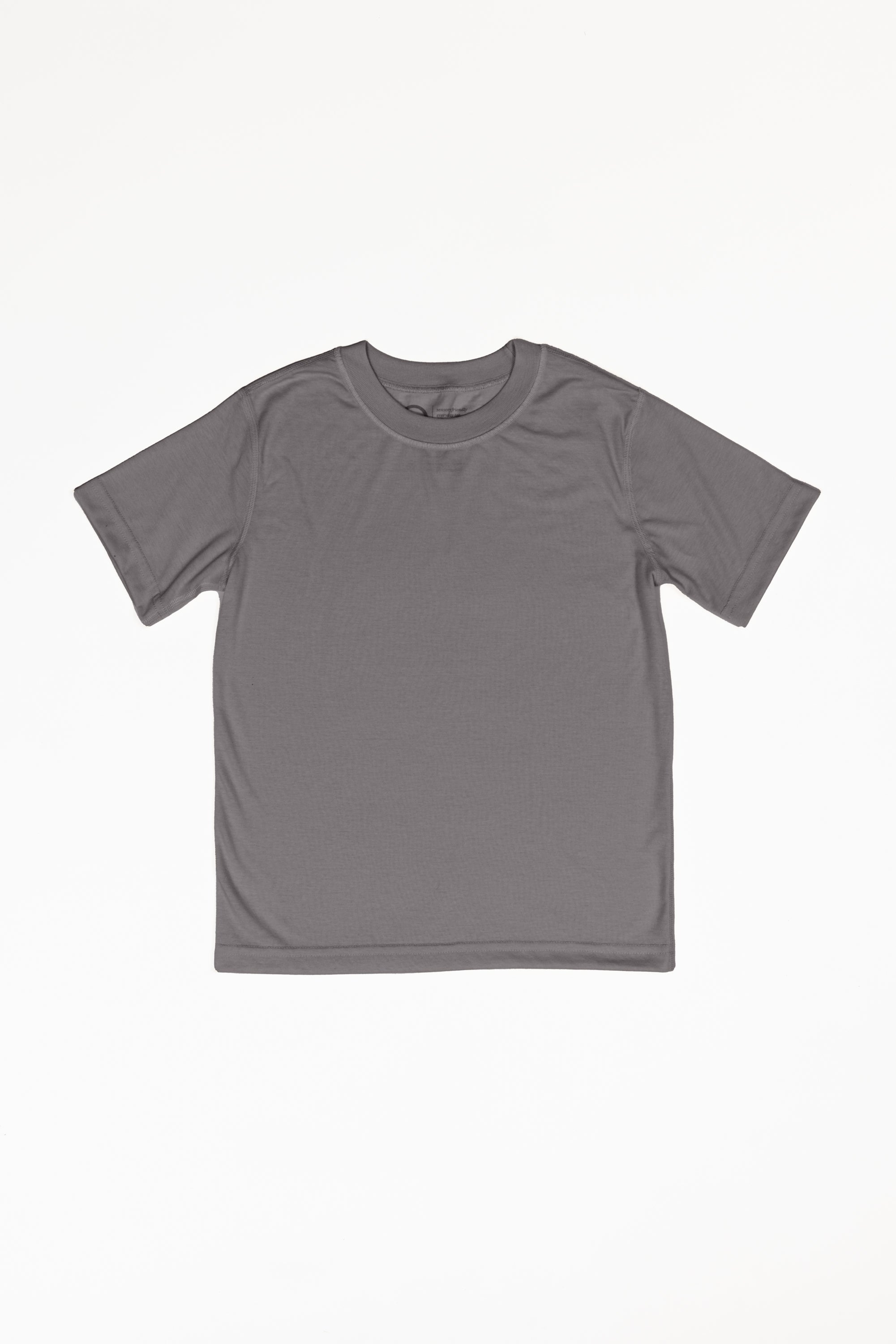 A charcoal grey small t-shirt with a white background. It is a basic t-shirt with a crew neck.