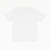 A white basic crewneck t-shirt that is laid flat on a white background.