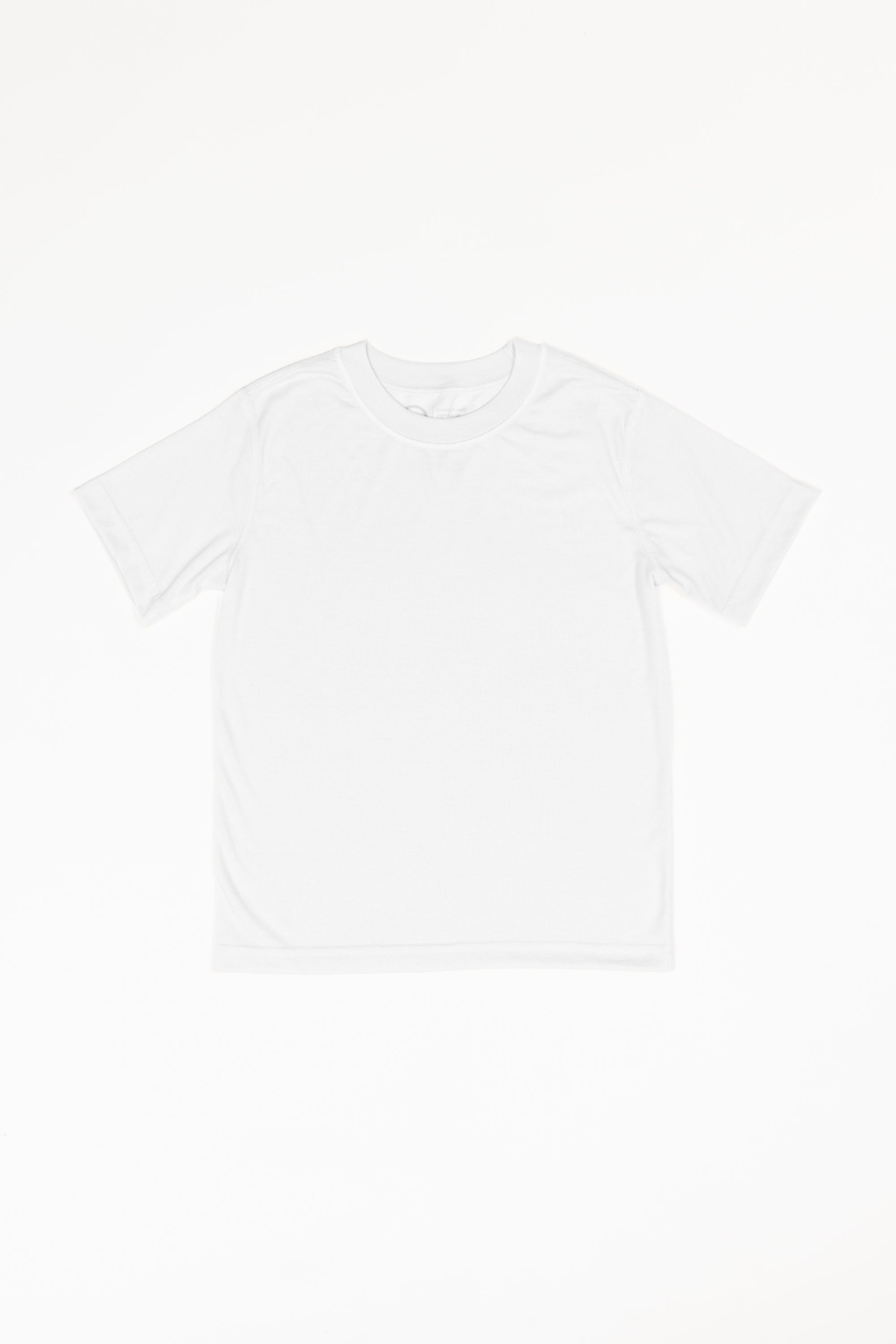 A white basic crewneck t-shirt that is laid flat on a white background.