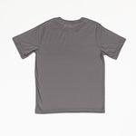 The back of a charcoal grey small t-shirt with a white background. It is a basic t-shirt with a crew neck.