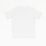 A white basic crewneck t-shirt that is laid flat on a white background.