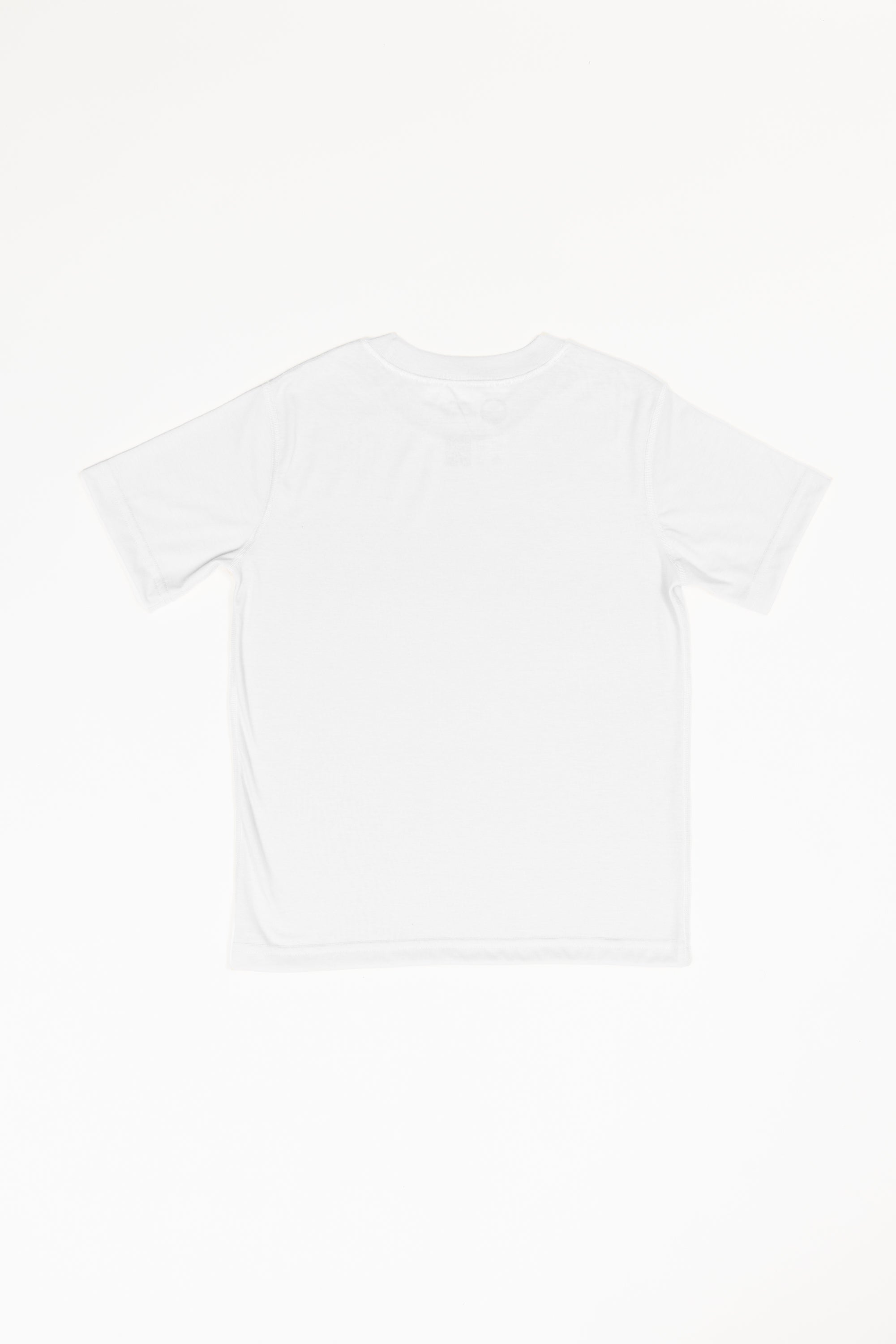 A white basic crewneck t-shirt that is laid flat on a white background.
