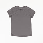 A charcoal grey small t-shirt with a white background. It is a basic t-shirt with a crew neck.