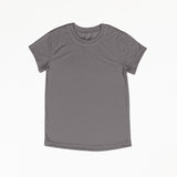 A charcoal grey small t-shirt with a white background. It is a basic t-shirt with a crew neck.