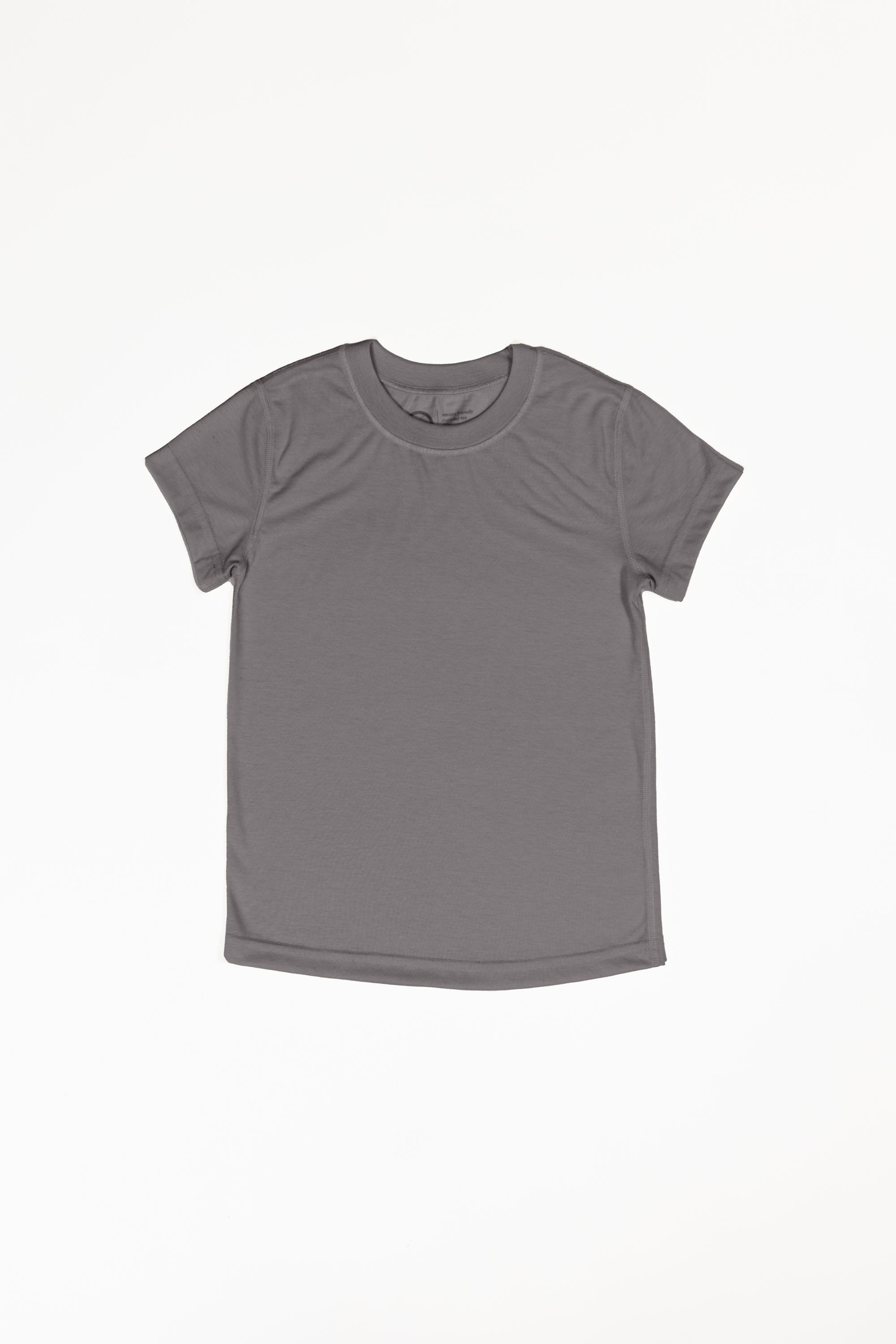 A charcoal grey small t-shirt with a white background. It is a basic t-shirt with a crew neck.