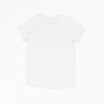 A white basic crewneck t-shirt that is laid flat on a white background.