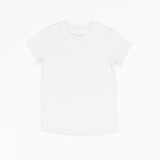 A white basic crewneck t-shirt that is laid flat on a white background.