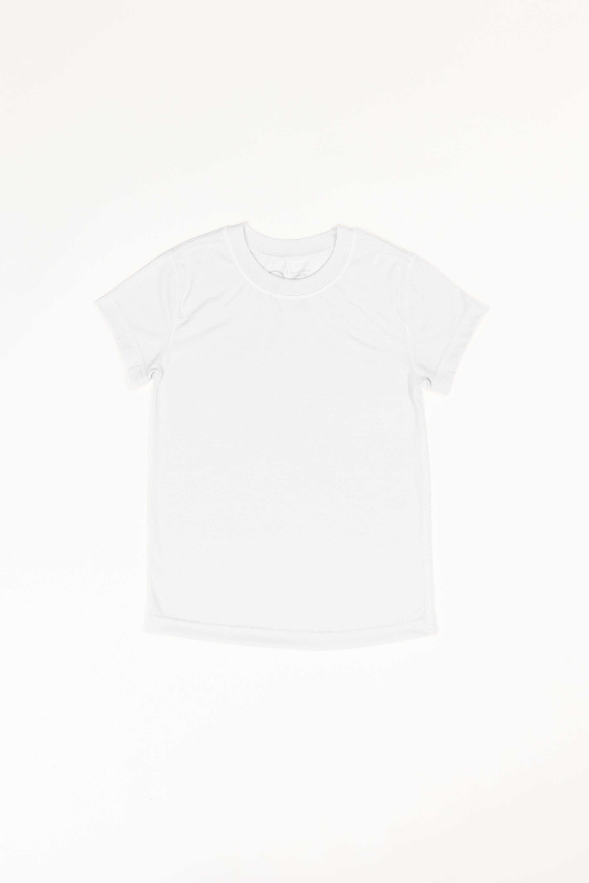 A white basic crewneck t-shirt that is laid flat on a white background.