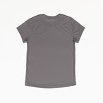 A charcoal grey small t-shirt with a white background. It is a basic t-shirt with a crew neck.