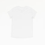 A white basic crewneck t-shirt that is laid flat on a white background.
