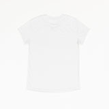 A white basic crewneck t-shirt that is laid flat on a white background.