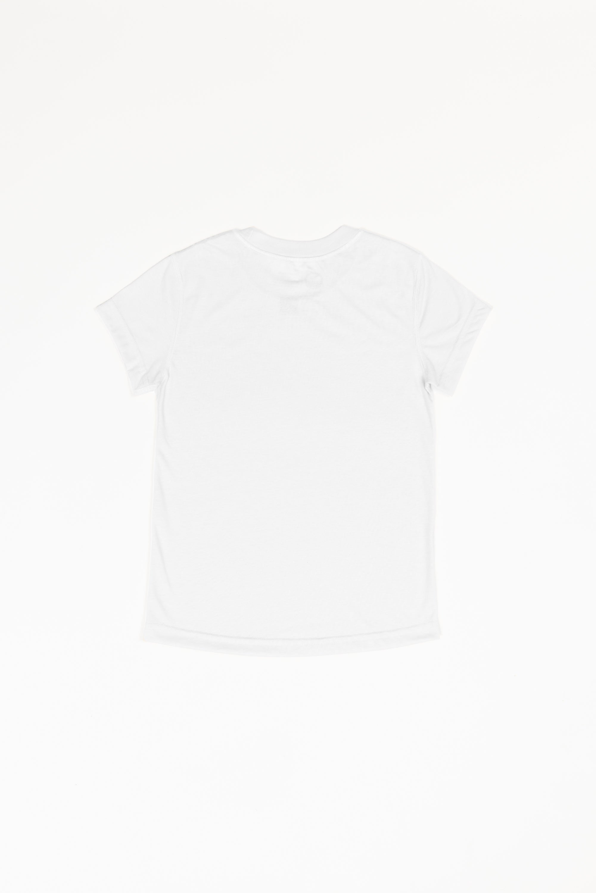 A white basic crewneck t-shirt that is laid flat on a white background.