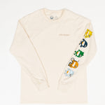 A flat lay of a long sleeve cream t-shirt. On the t-shirt it reads 'you matter' on a t-shirt standard pocket area. Running down the sleeve are characters walking down, they are a circle shape. The colors of the characters are yellow, navy, green, orange, and light blue.