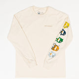 A flat lay of a long sleeve cream t-shirt. On the t-shirt it reads 'you matter' on a t-shirt standard pocket area. Running down the sleeve are characters walking down, they are a circle shape. The colors of the characters are yellow, navy, green, orange, and light blue.