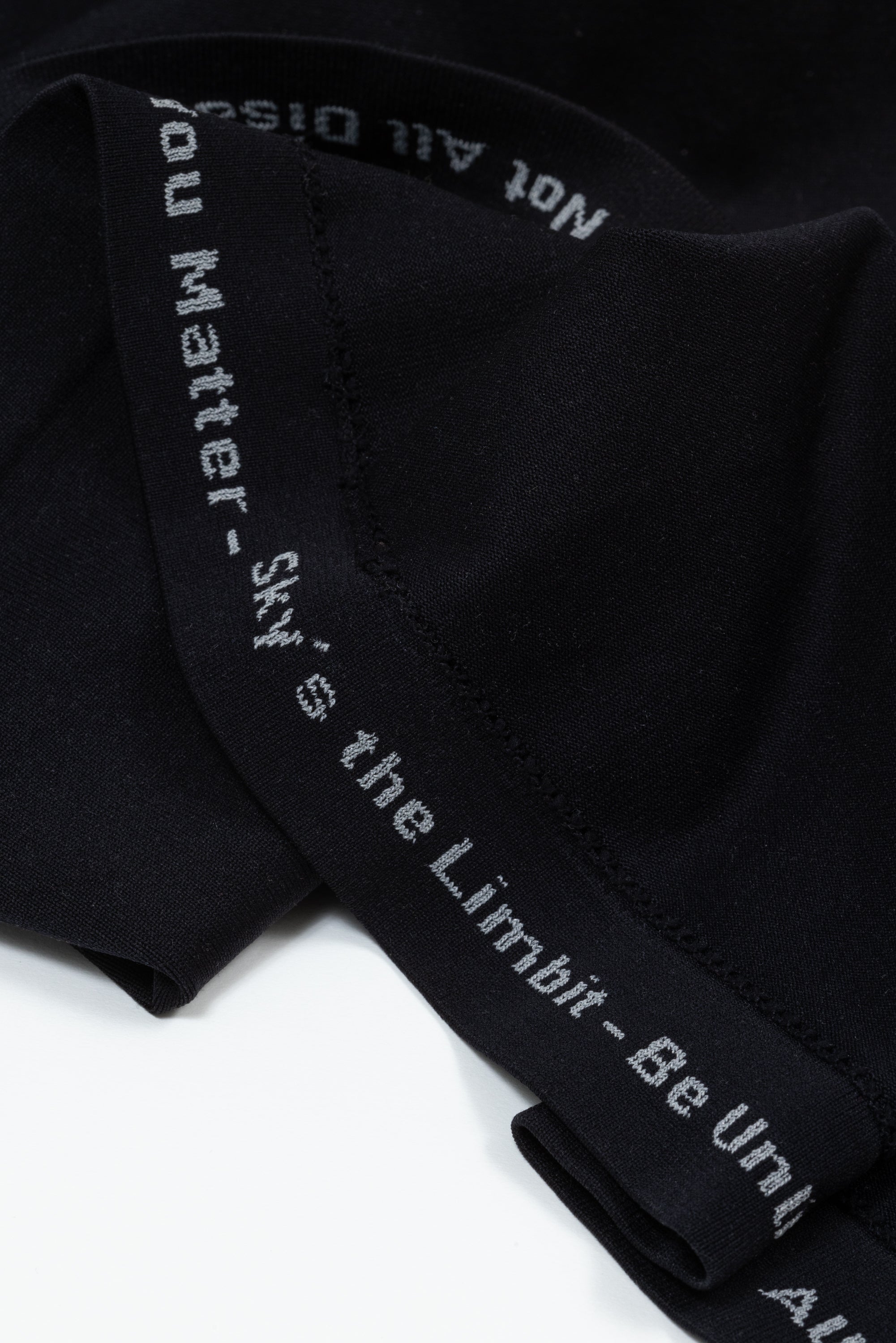 A seam of the shirt has gray words that say "You Matter - Sky's the Limbit - Not All Disabilities are Visual."