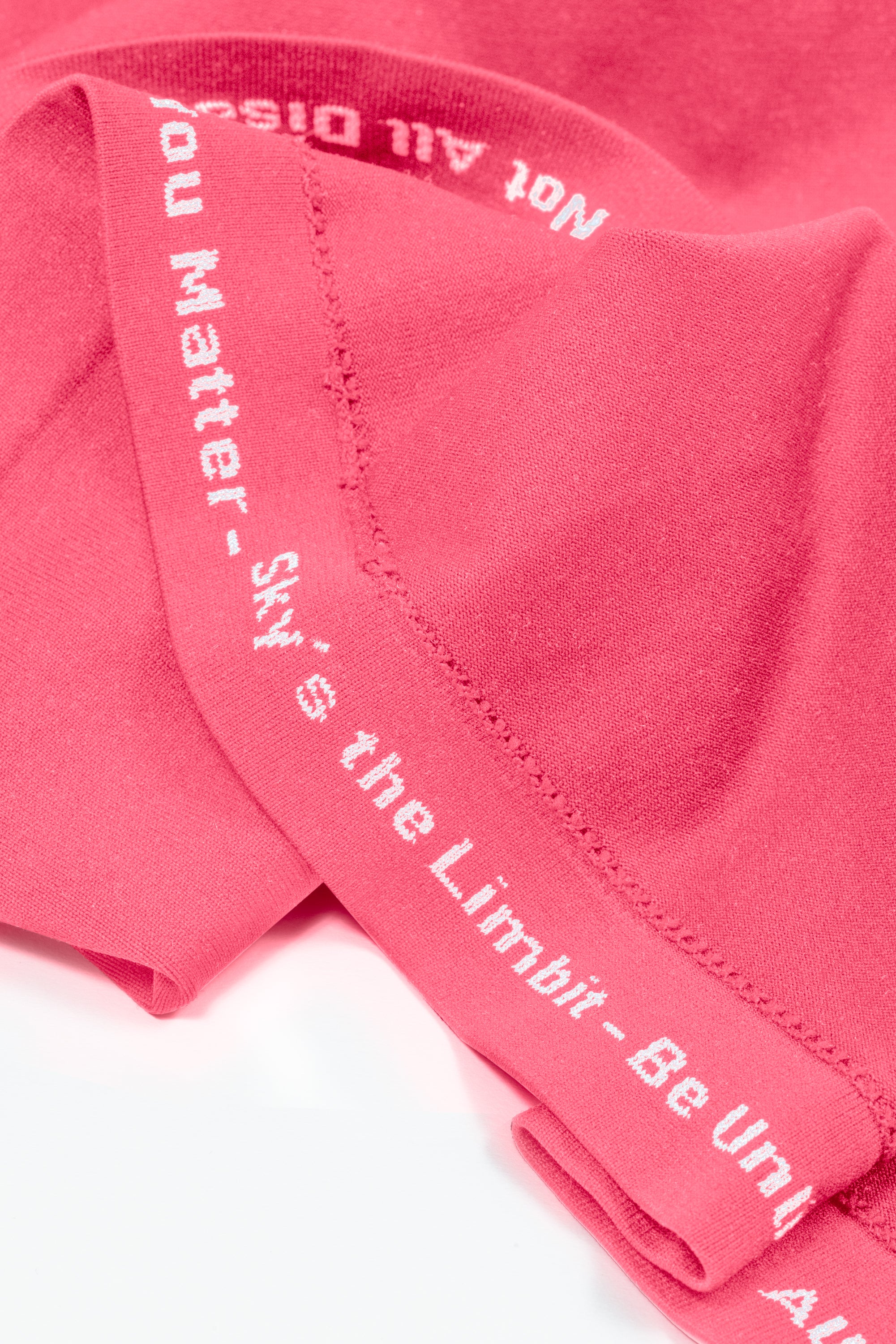 A seam of the shirt has gray words that say "You Matter - Sky's the Limbit - Not All Disabilities are Visual."