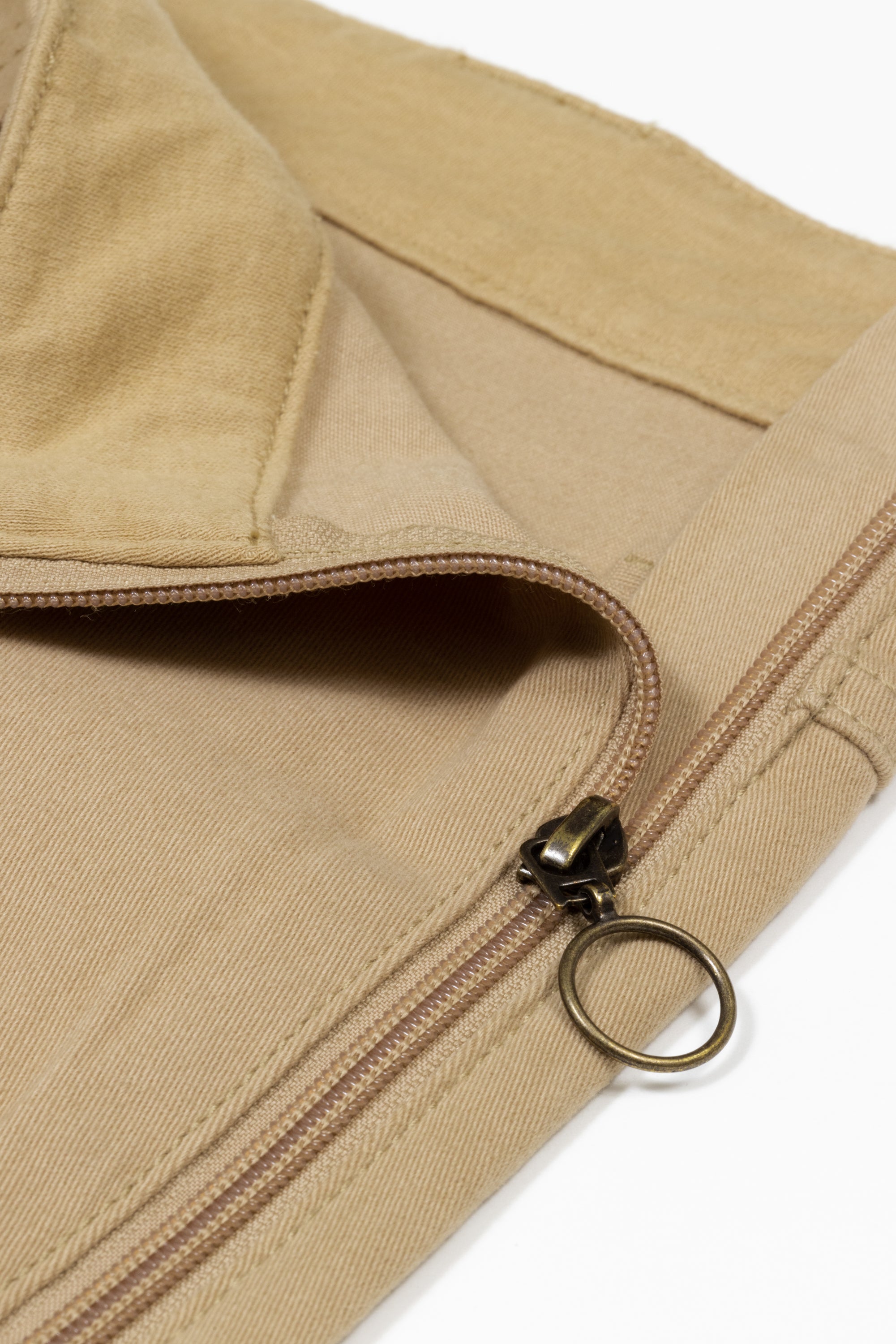The close up of the thigh pockets. It's unzipped.