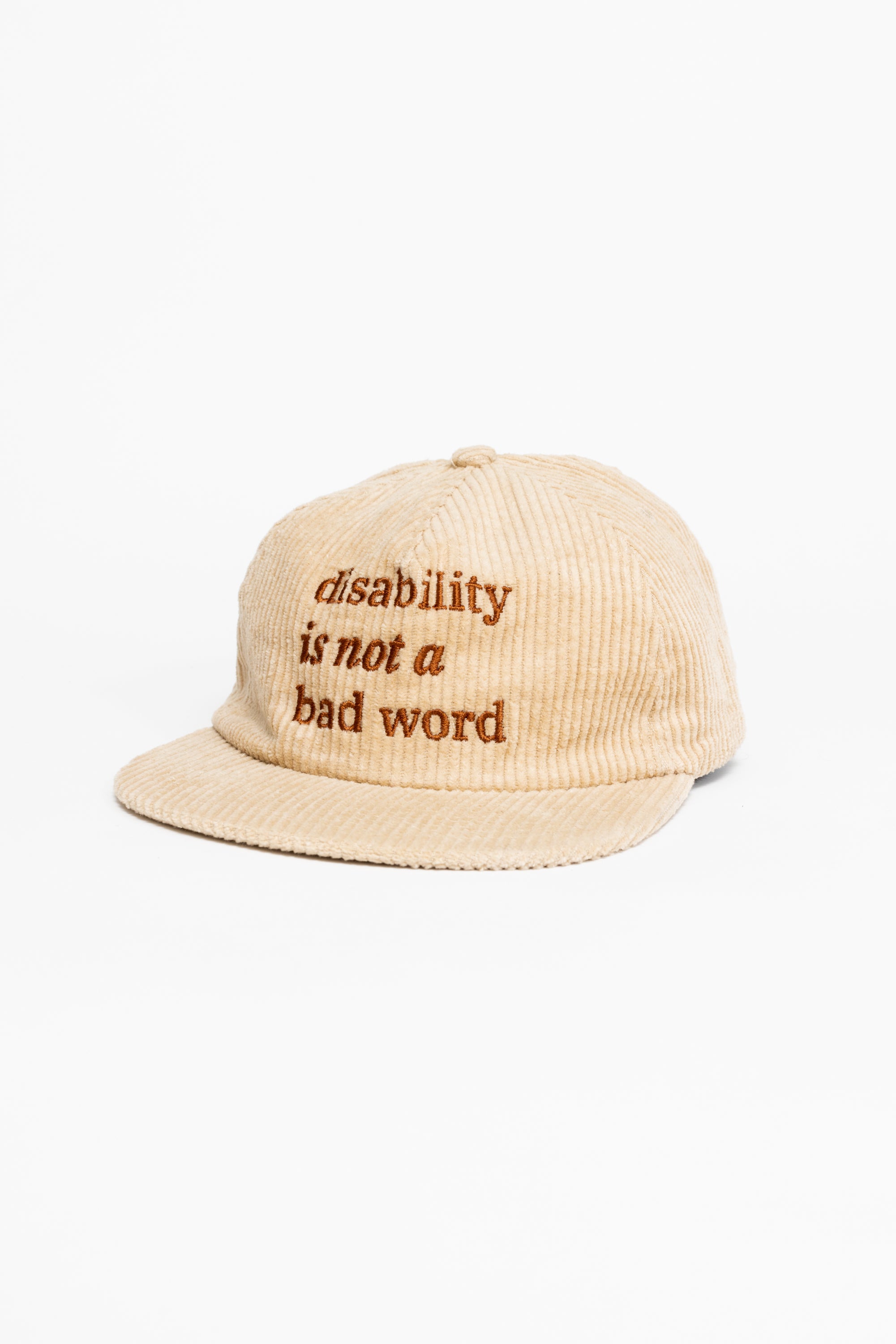 A cream baseball cap with brown text that says "disability is not a bad word."