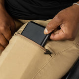 The user takes out their phone from the pocket.