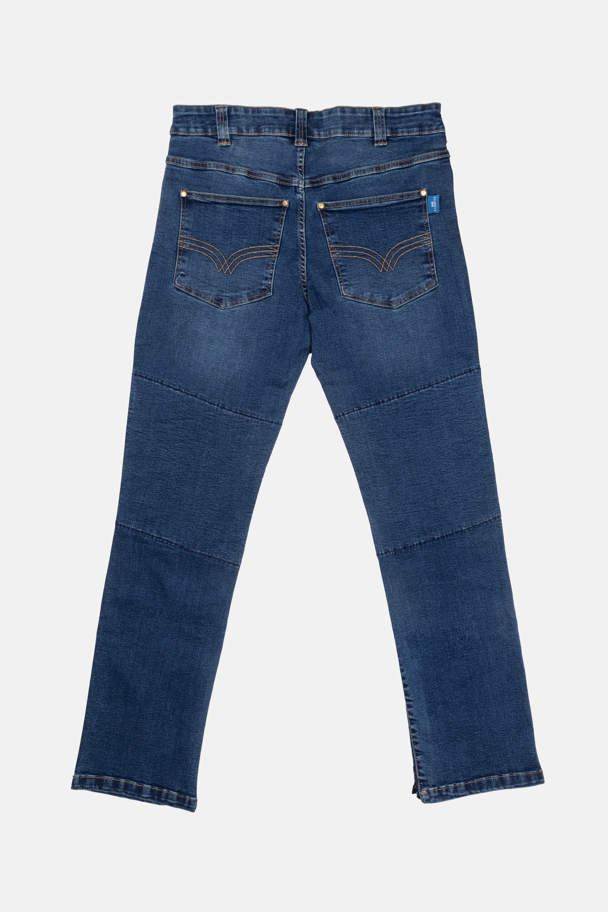The back of the No Limbits Adaptive Men's Dark Wash Unlimbited Pant. They have two big pockets on the back.