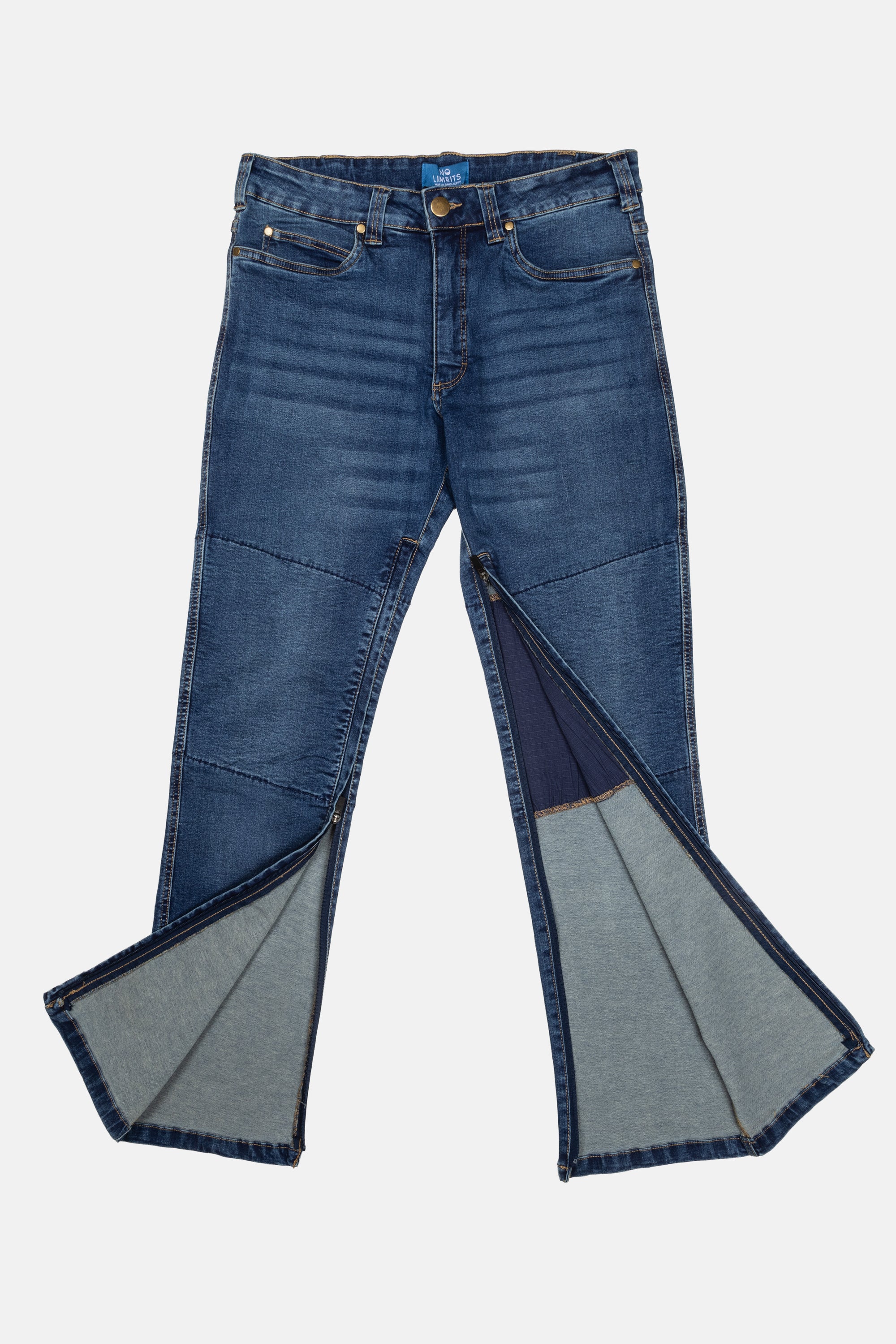 The No Limbits Adaptive Men's Dark Wash Unlimbited Pants, which zips from the ankles.