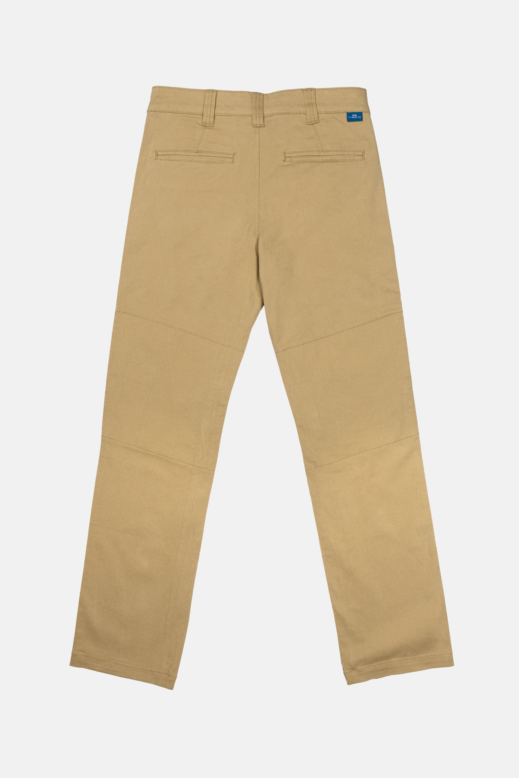 The back of the No Limbits Adaptive Men's Khaki Pants. They have two big zippable pockets on the back.