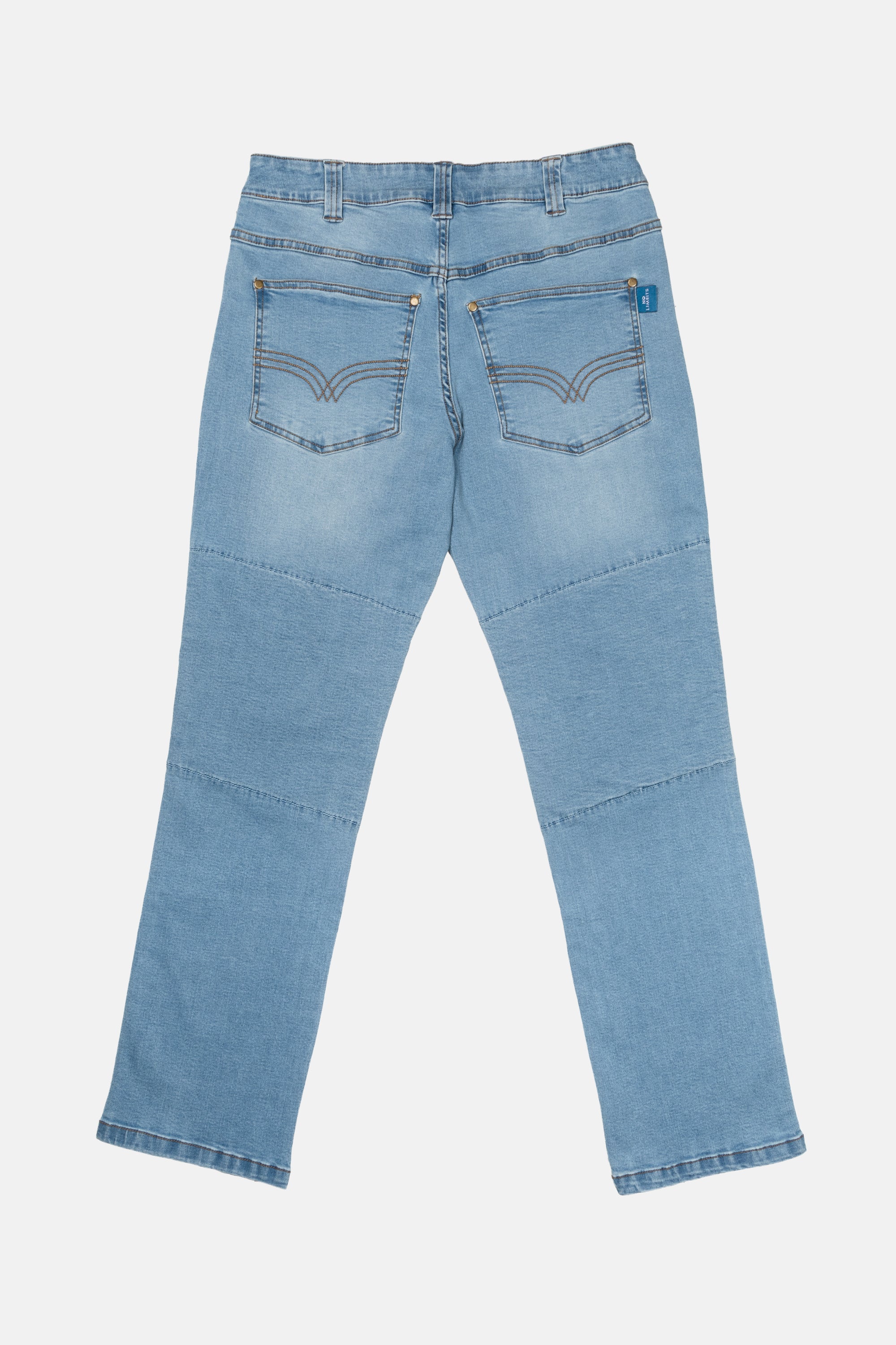 The back of the No Limbits Adaptive Men's Light Wash Unlimbited Pant. They have two big pockets on the back.