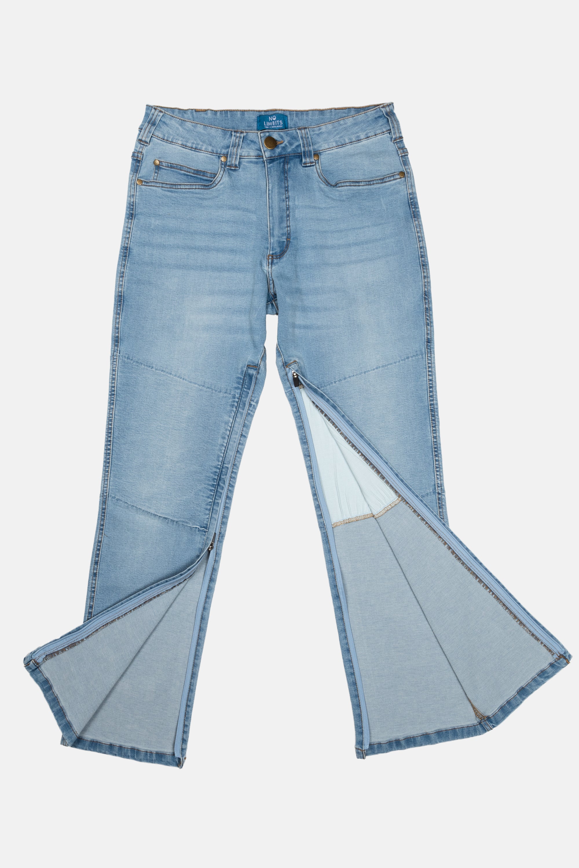 The No Limbits Adaptive Men's Light Wash Unlimbited Pants, which zips from the ankles.