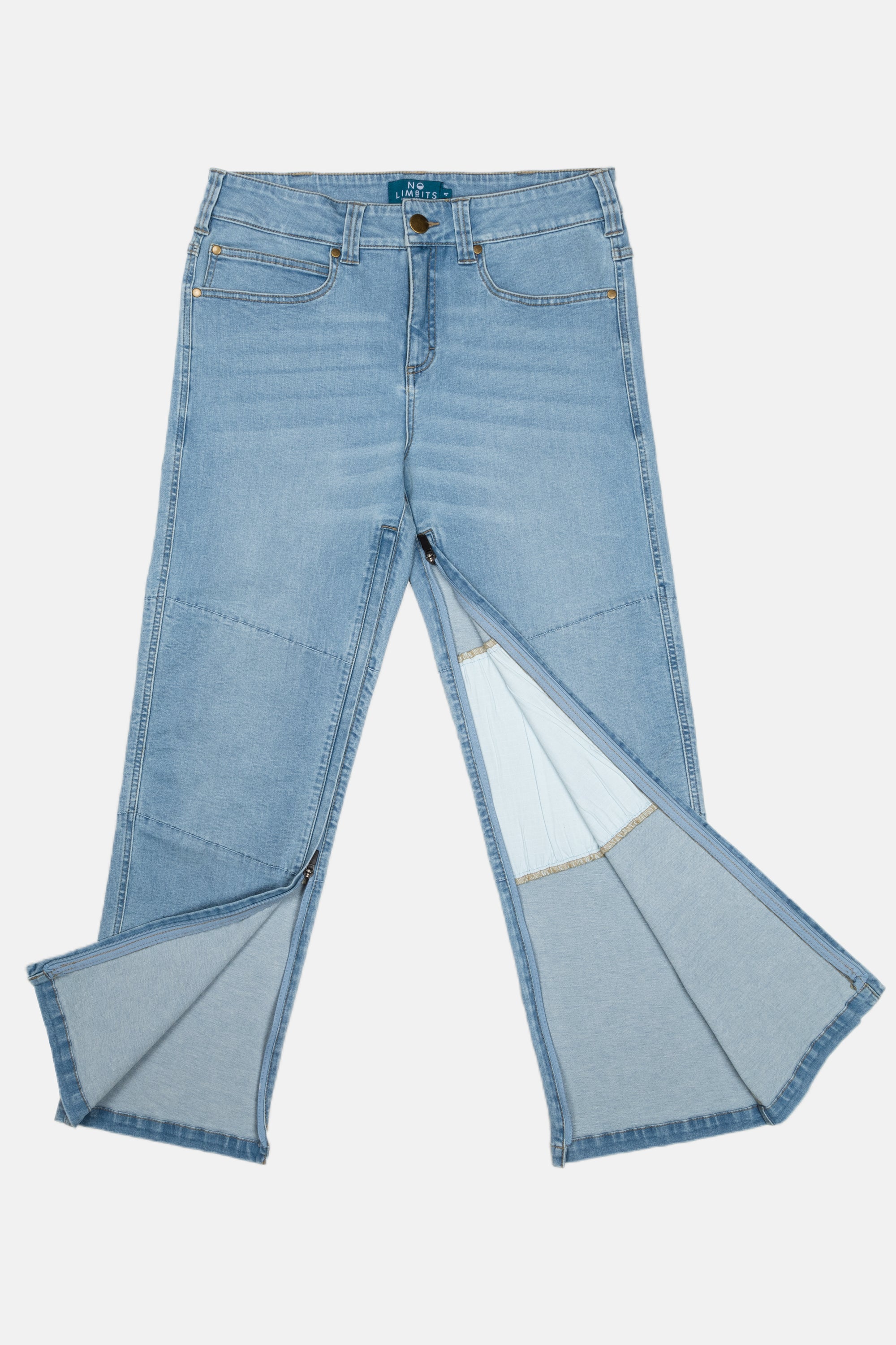 The No Limbits Adaptive Women's Light Wash Unlimbited Pants, which zips from the ankles.