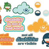 The No Limbits Stickers set that include: 1 Retro Disability is Not a Bad Word Sticker. 1 Blue/green Sky's the Limbit Sticker. 1 Yellow/white Sky's the Limbit Sticker. 1 Orange/yellow Not All Disabilities are Visible Sticker. 1 Blue/beige. Not All Disabilities are Visible Sticker. 5 No Limbits Sunrise Logo Stickers. 4 No Limbits Character Stickers.