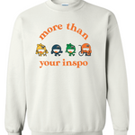 A white sweater that says “not your inspo with the four No Limbits crew members (Colorful circles with forearm crutches, a prosthetic leg, and a wheelchair.