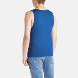 The back of a white man with short brown hair wearing a navy tank top and denim jeans.
