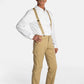 A white, elderly man with a mustache wears the No Limbits Adaptive Men's Khaki Unlimbited Pants, with a white shirt, tan suspenders, and brown shoes.
