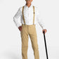 A white, elderly man with a mustache wears the No Limbits Adaptive Men's Khaki Unlimbited Pants with a white shirt, tan suspenders, a matching hat, and brown shoes. He poses with his black cane.