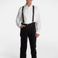 A white, elderly man with a mustache wears the No Limbits Adaptive Men's Black Unlimbited Pants, with a white shirt, brown suspenders, and brown shoes.