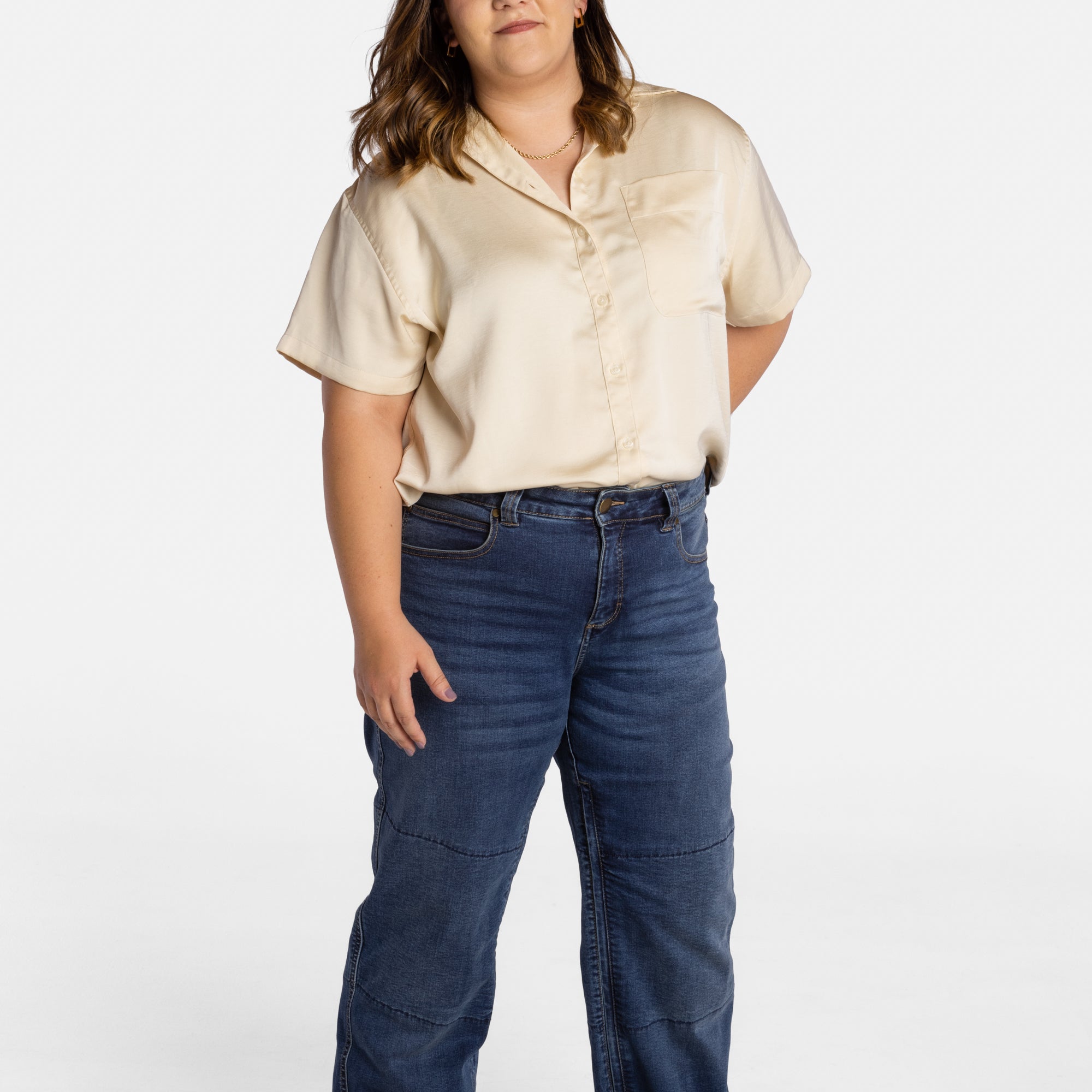 Erica Cole, the founder of No Limbits, wears the No Limbits Adaptive Women's Dark Wash Unlimbited Pants.