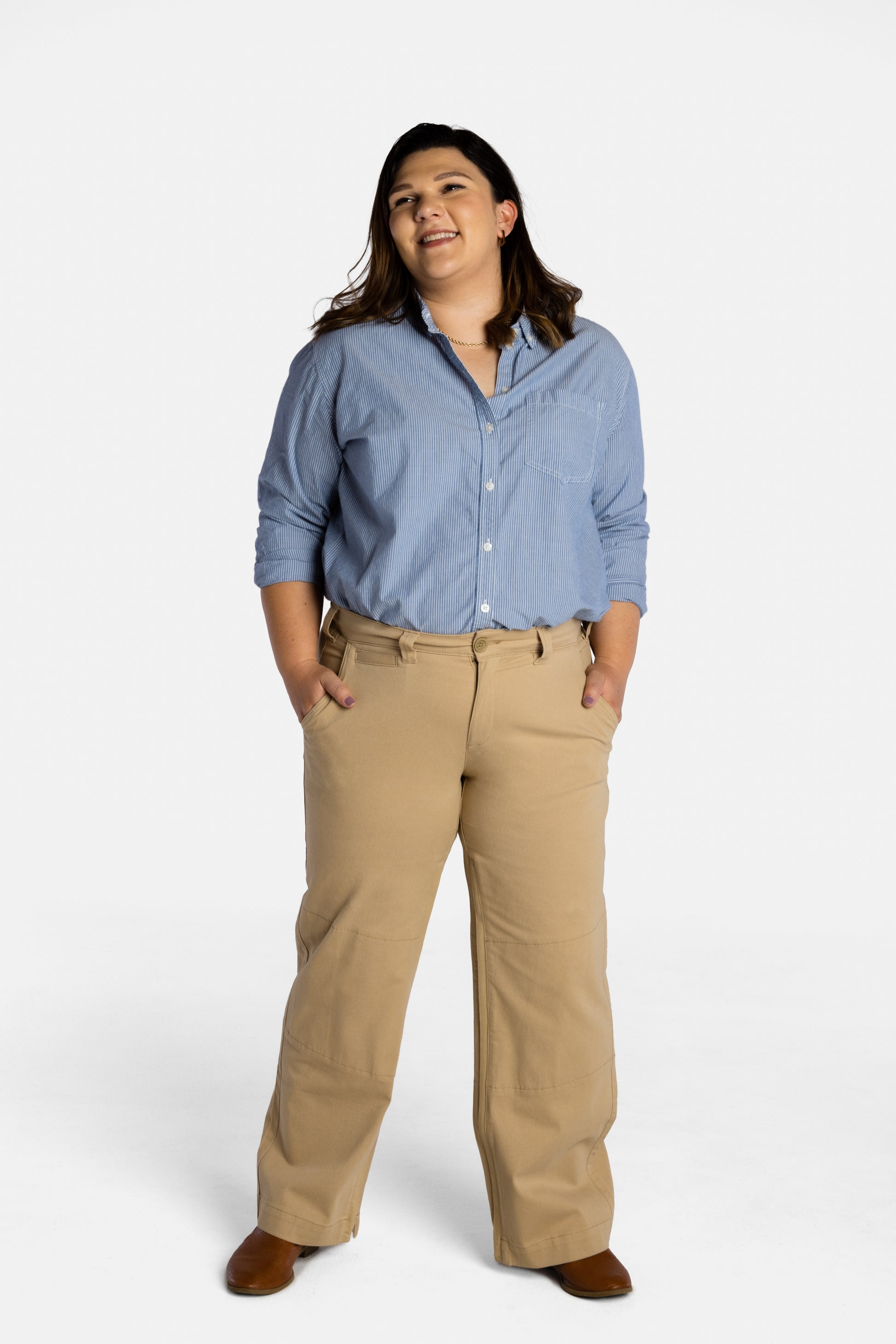 Erica Cole, the founder of No Limbits, wears the No Limbits Adaptive Women's Khaki Unlimbited Pants.