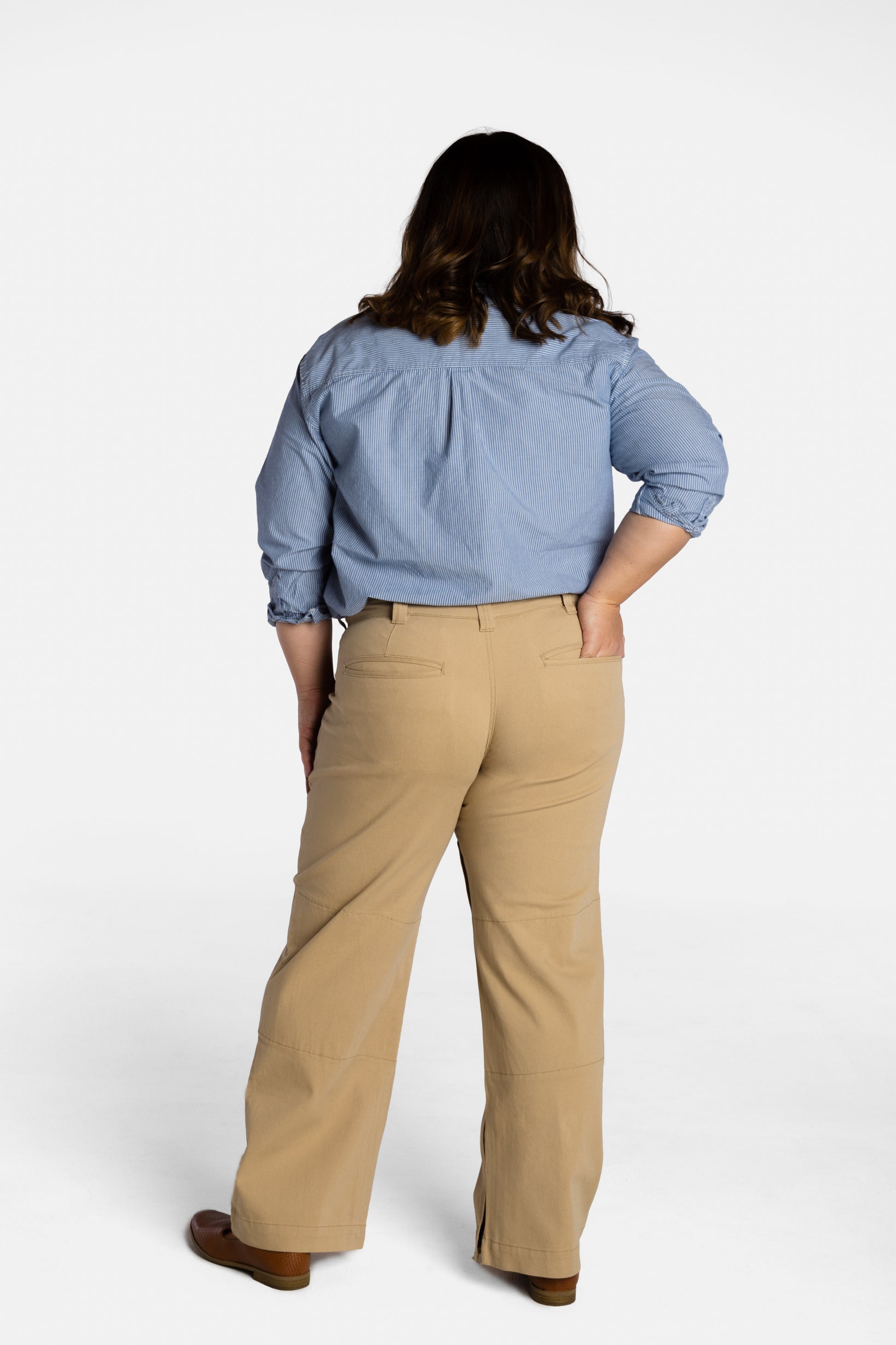 The back of Erica Cole, the founder of No Limbits, wearing the No Limbits Adaptive Women's Khaki Unlimbited Pants.