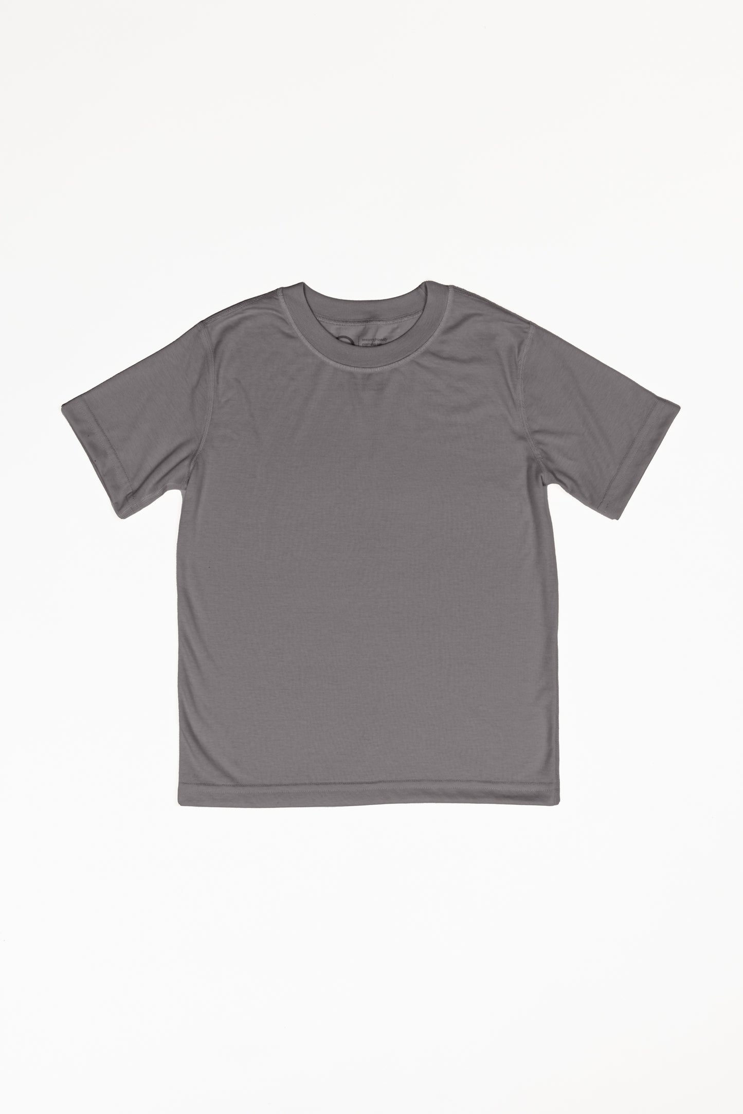 A charcoal grey small t-shirt with a white background. It is a basic t-shirt with a crew neck.