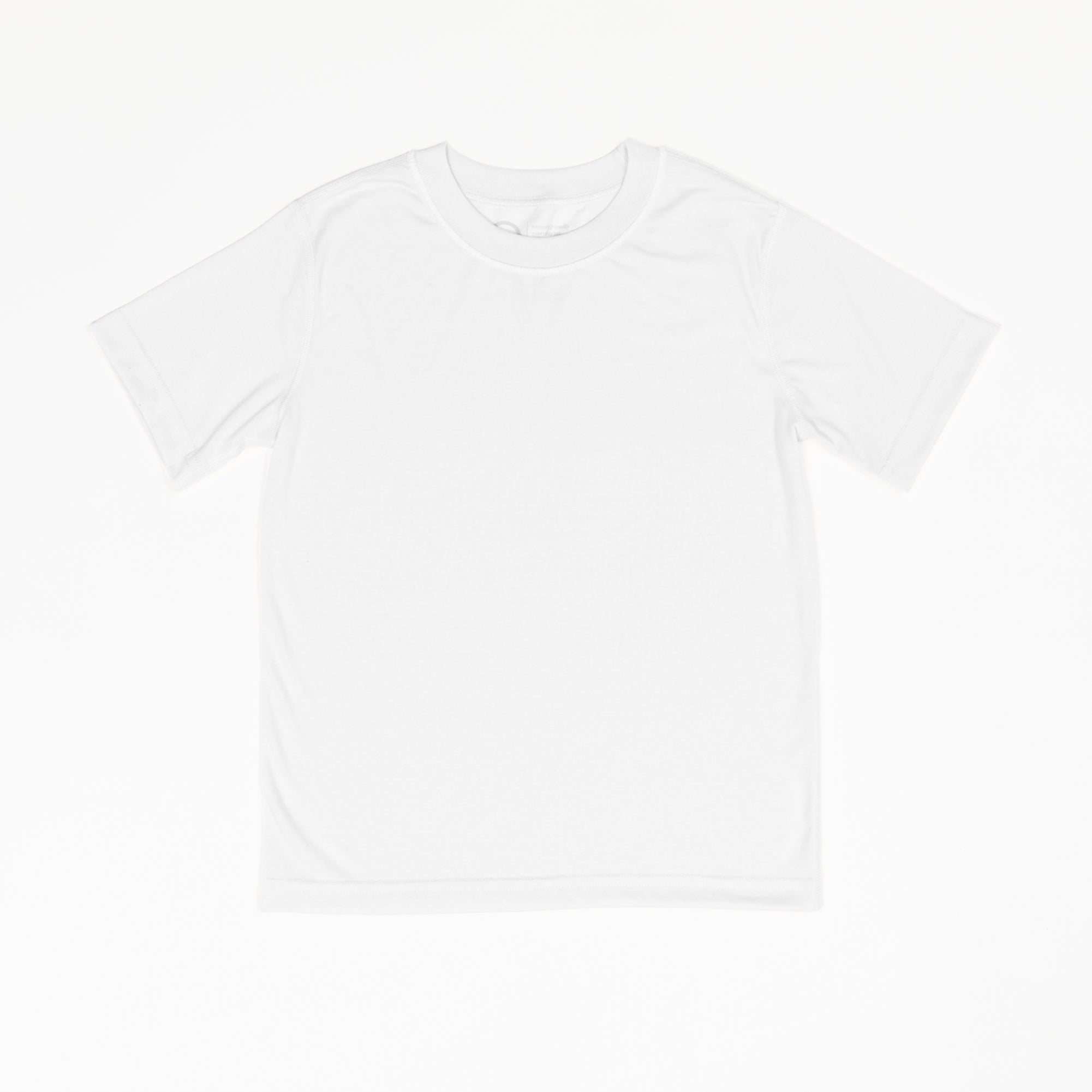 A white basic crewneck t-shirt that is laid flat on a white background.