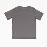 The back of a charcoal grey small t-shirt with a white background. It is a basic t-shirt with a crew neck.