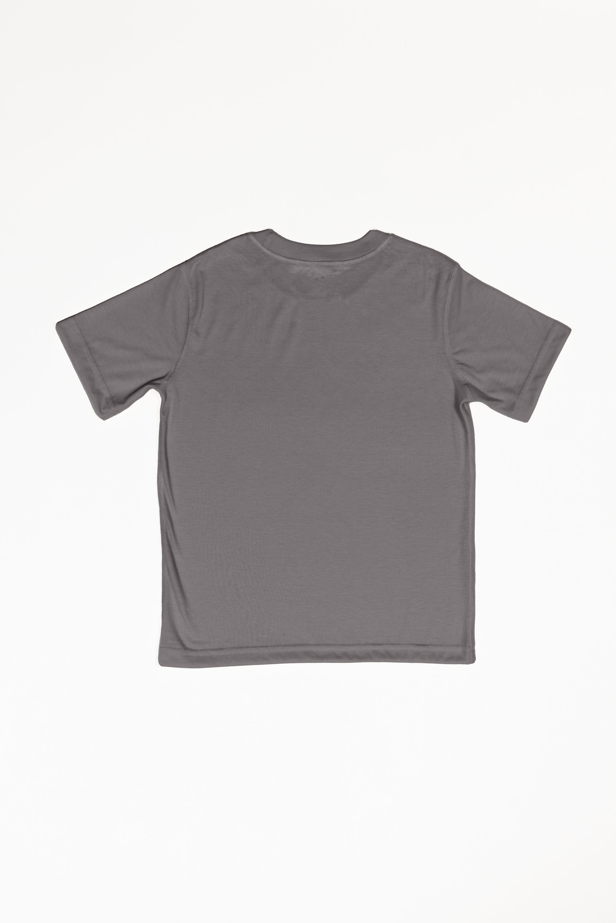 The back of a charcoal grey small t-shirt with a white background. It is a basic t-shirt with a crew neck.