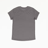A charcoal grey small t-shirt with a white background. It is a basic t-shirt with a crew neck.