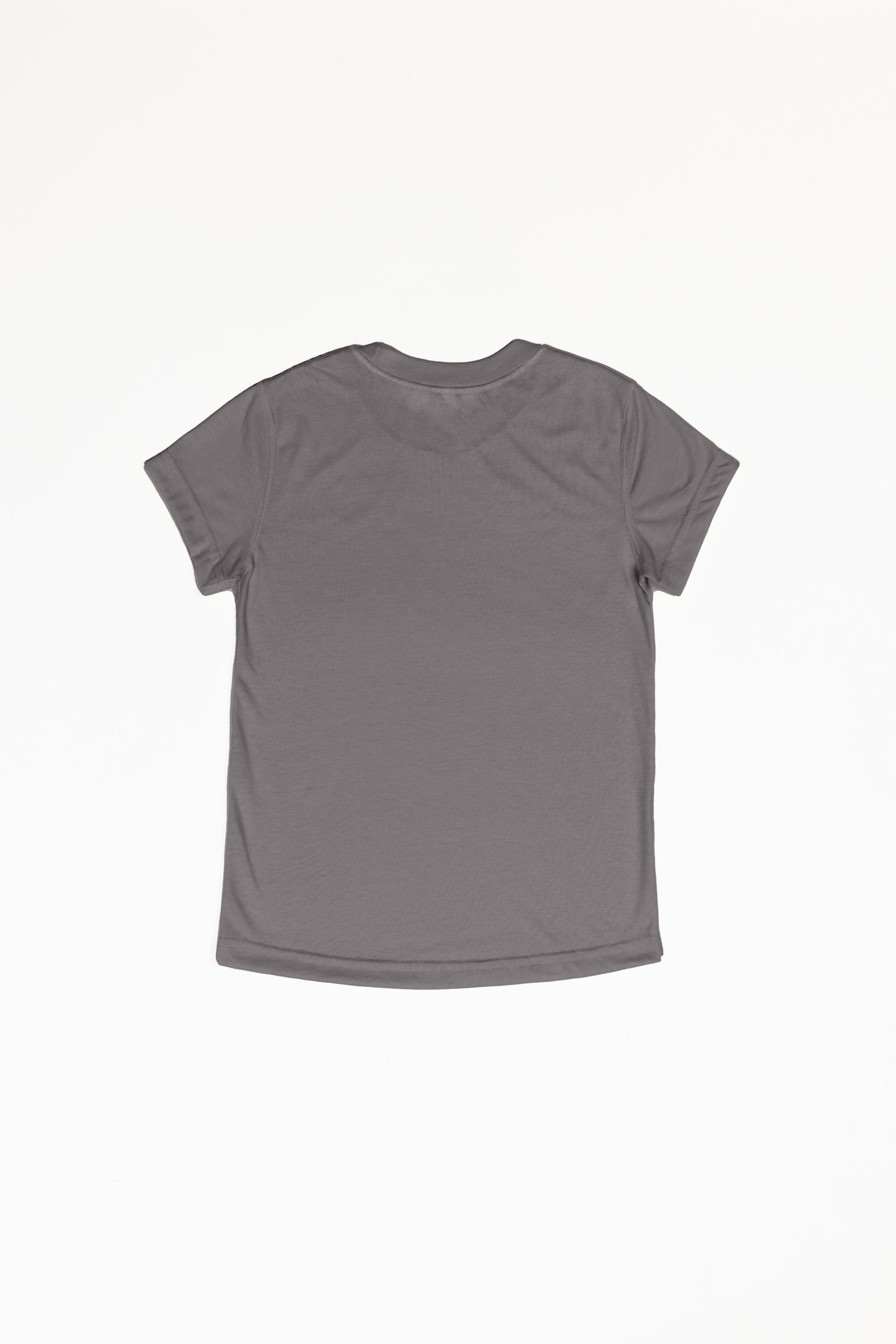 A charcoal grey small t-shirt with a white background. It is a basic t-shirt with a crew neck.
