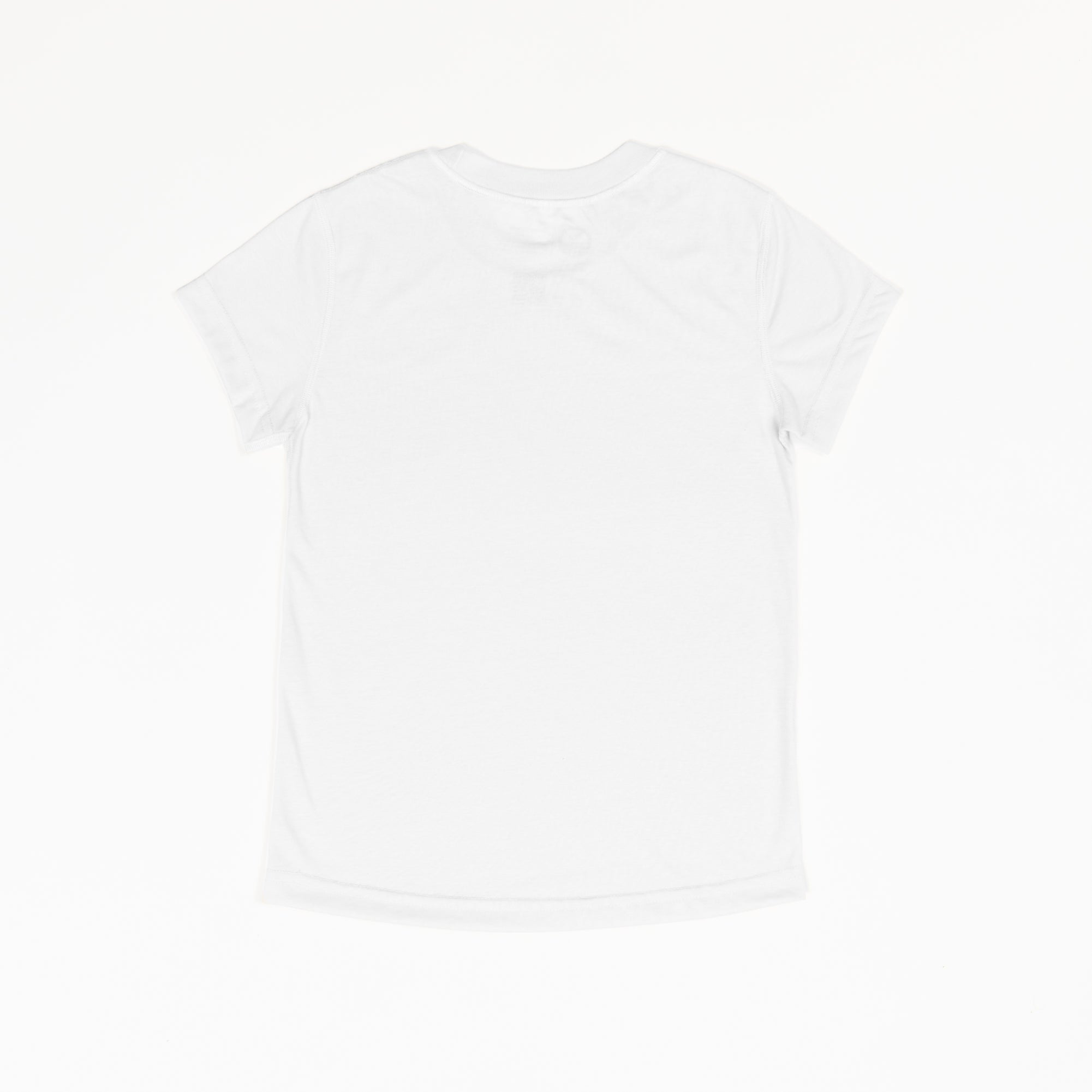 A white basic crewneck t-shirt that is laid flat on a white background.